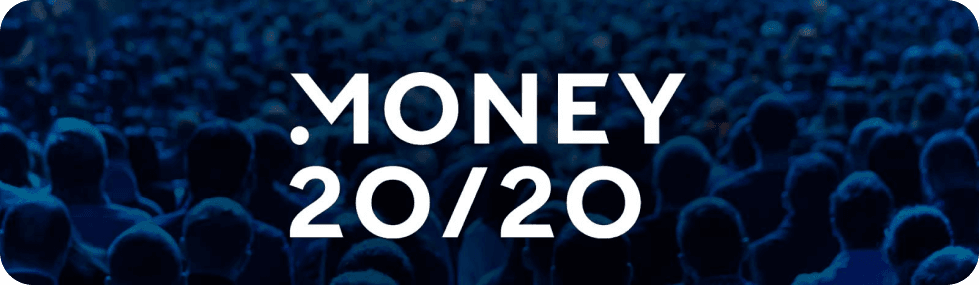 Money 20/20 fintech conference logo over a large crowd of financial industry attendees