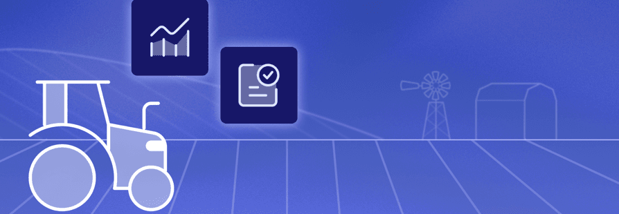 Illustrative graphic for agricultural lending featuring a tractor icon, data analytics charts, and a loan approval checklist over a stylized blue farmland background