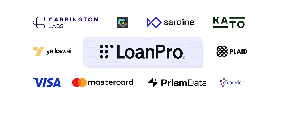 Logos for LoanPro and key AI, data, and payment partners mentioned in the article, including Plaid, Yellow.AI, Kato, Prism Data, Carrington Labs, Sardine, Experian, Visa, and Mastercard, who are shaping the future of AI in lending.