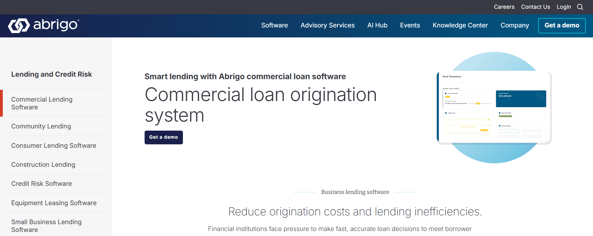 Abrigo commercial loan origination system page with navigation for community, construction, and small business lending
