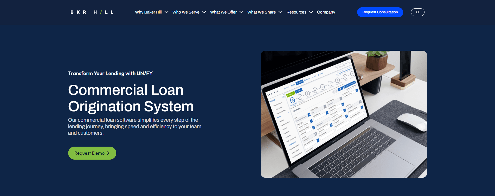 Baker Hill commercial loan origination system page showing its UN/FY lending platform interface