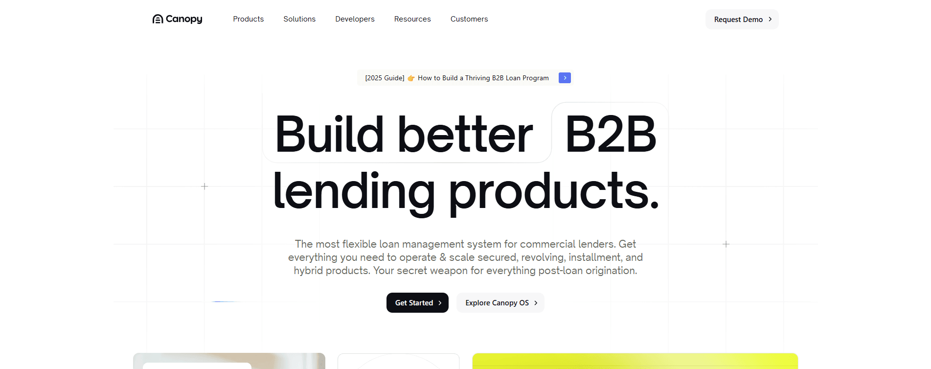 Canopy B2B lending page describing a loan management system for secured, revolving, installment, and hybrid products