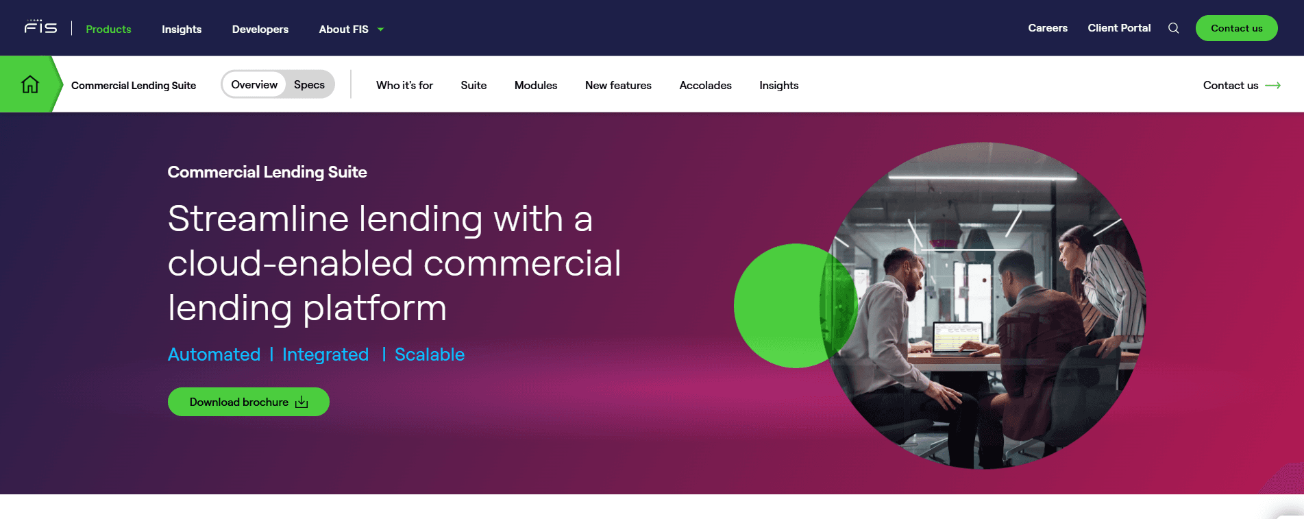 FIS Commercial Lending Suite overview page describing a cloud-enabled commercial lending platform