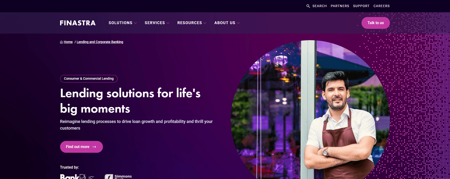 Finastra lending and corporate banking page covering consumer and commercial lending solutions