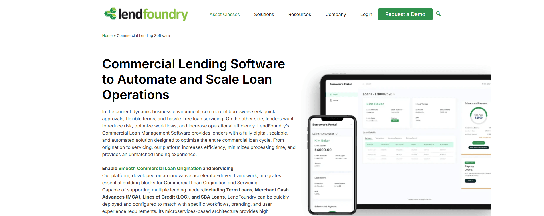 LendFoundry commercial lending software page showing a borrower portal on desktop and mobile
