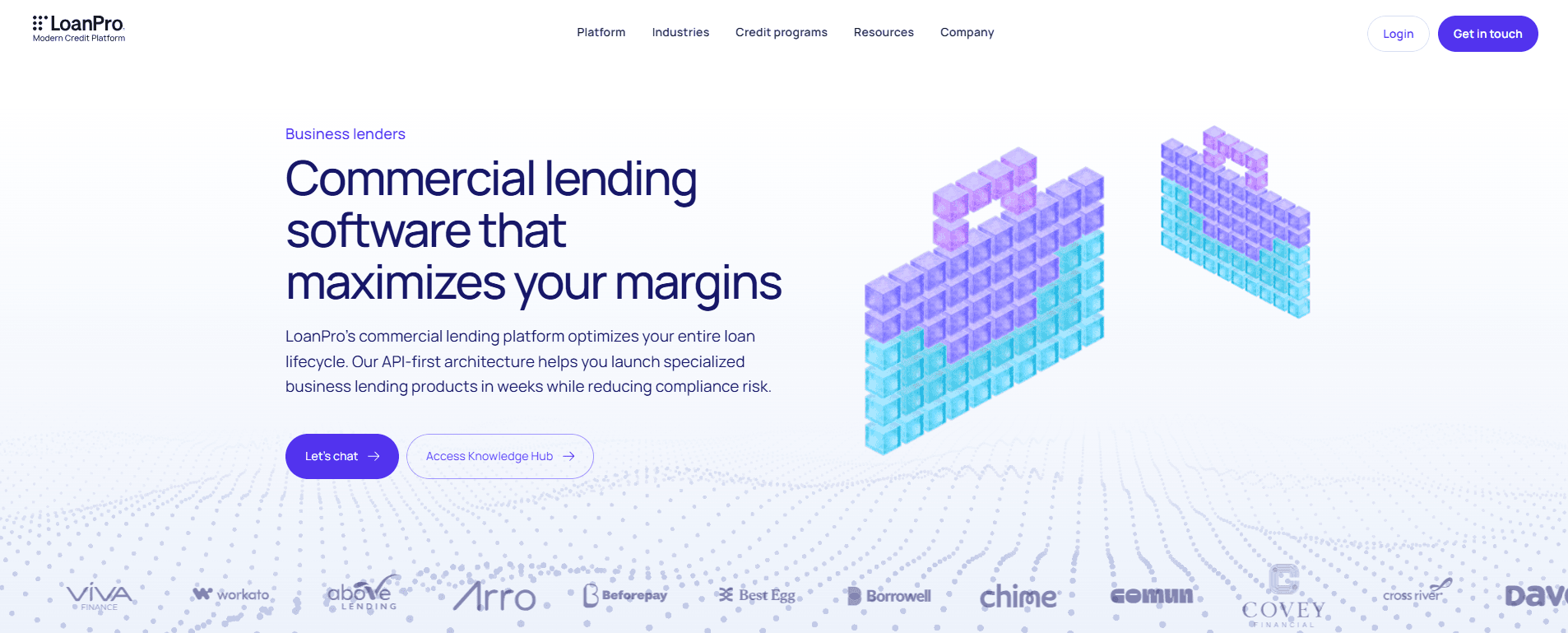 LoanPro commercial lending page for business lenders, showing API-first platform for launching specialized business loan products