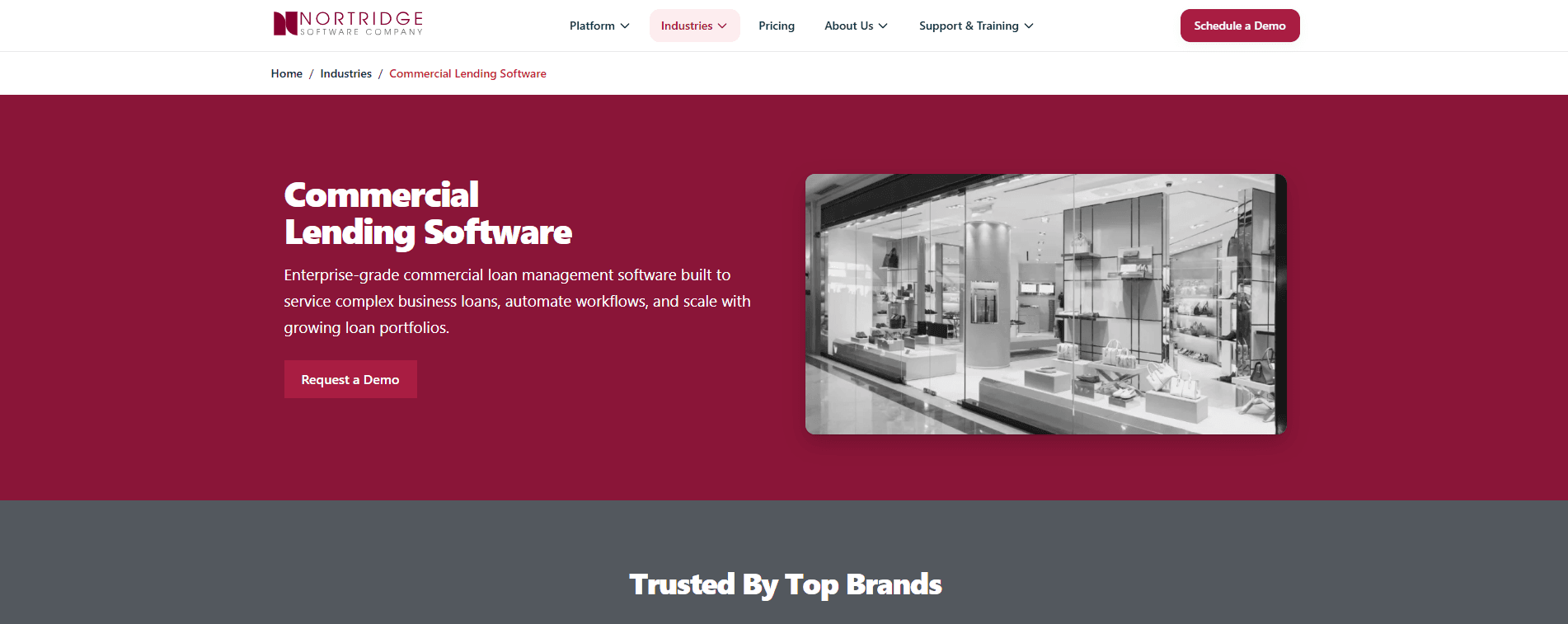 Nortridge commercial lending software page describing enterprise-grade loan management for complex business loans