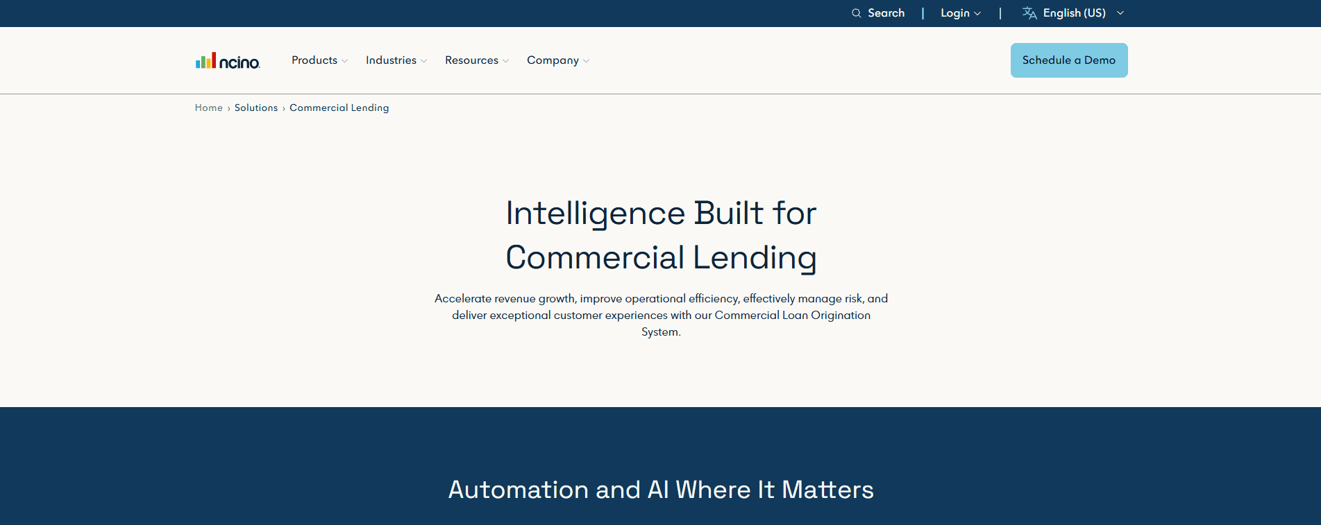 nCino commercial lending solutions page describing its commercial loan origination system