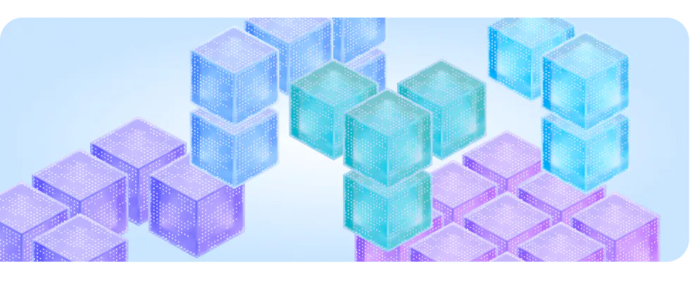 Isometric illustration of transparent LEGO-style building blocks in purple and cyan colors arranged on a light blue background