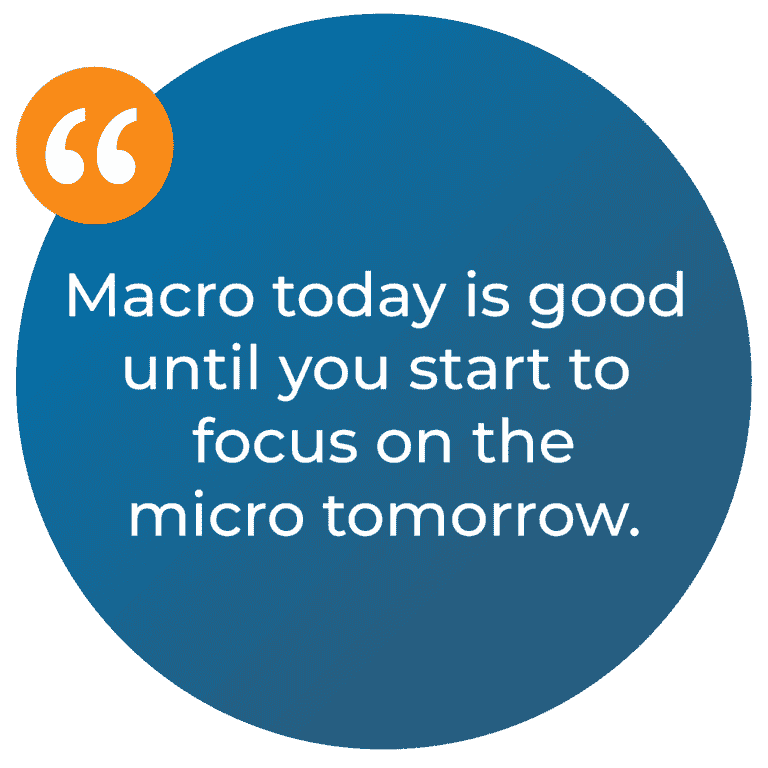 Circle image with a quote saying Marco today is good until you start to focus on the micro tomorrow.