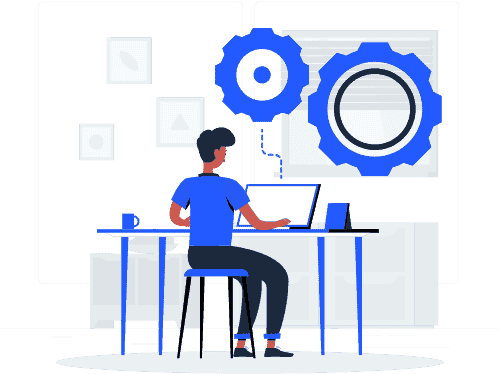 Cartoon image of a person sitting at a computer with big gears on top of it. Cartoon image of a person sitting at a computer with big gears on top of it.