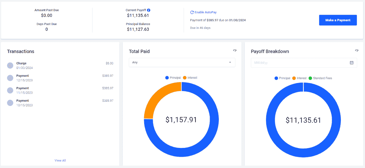 A screenshot from within the LoanPro UI showing the enhanced Account Summary page. A screenshot from within the LoanPro UI showing the enhanced Account Summary page.
