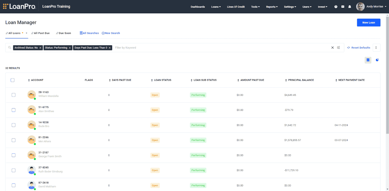 A screenshot of the LoanPro UI showing the new loan manager. A screenshot of the LoanPro UI showing the new loan manager.
