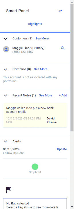 A screenshot of the LoanPro UI showing the Smart Panel. A screenshot of the LoanPro UI showing the Smart Panel.