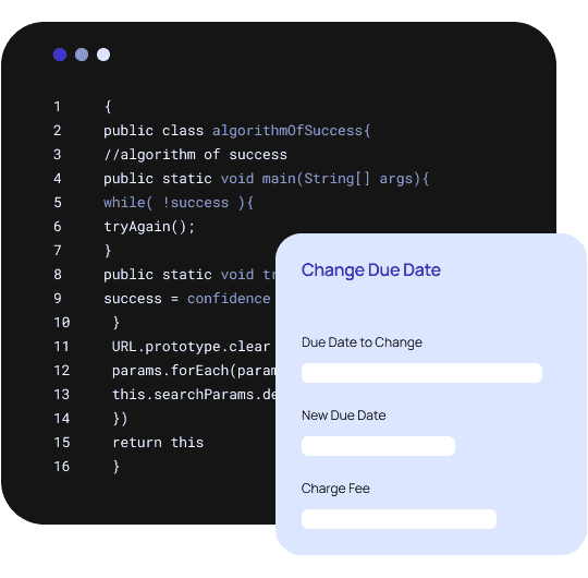 Lending interface showing a due date change, overlayed on top of an API payload.