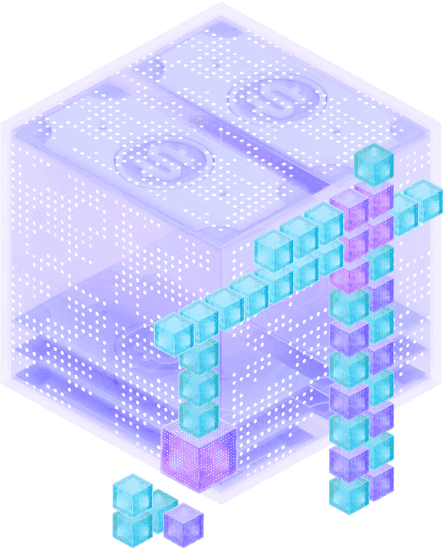 A large number of cubes in different colors and sizes coming together to build a new shape to signify the creation of new line of credit products