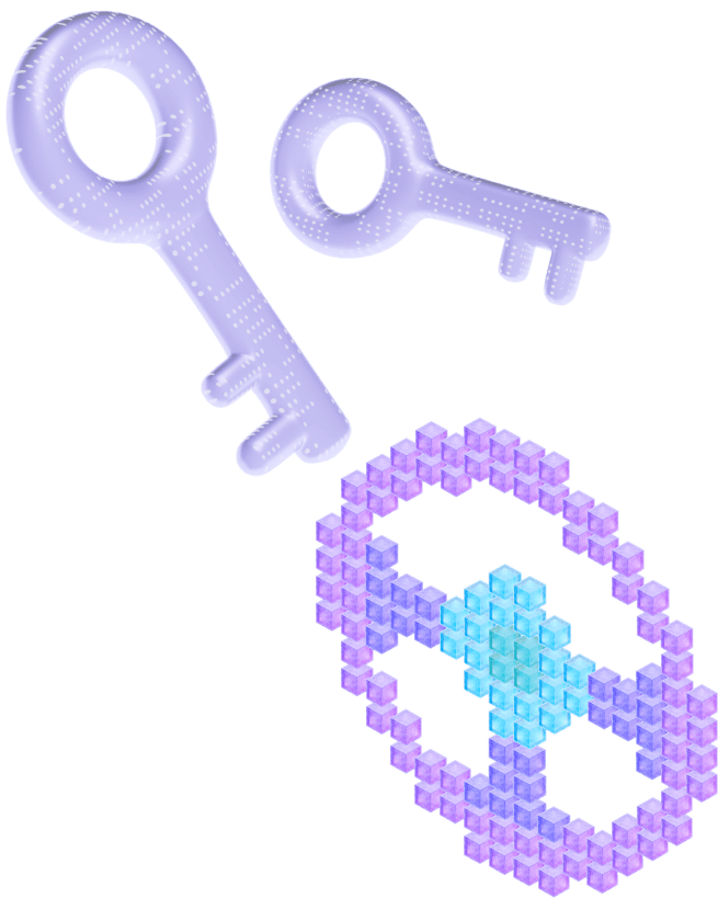 Cuber formation of a sterring wheel and two purple keys