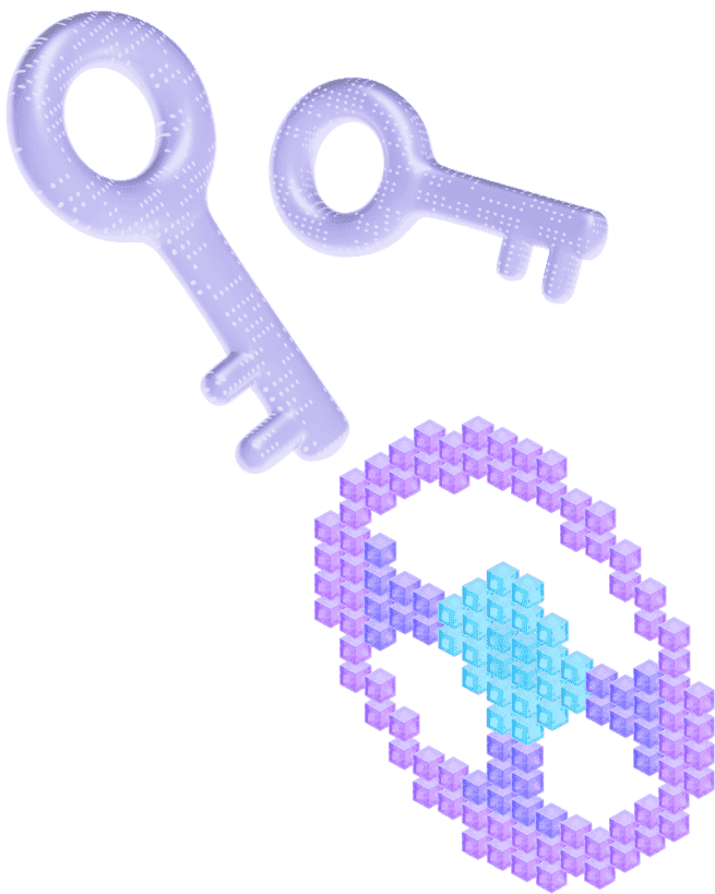 Cuber formation of a sterring wheel and two purple keys