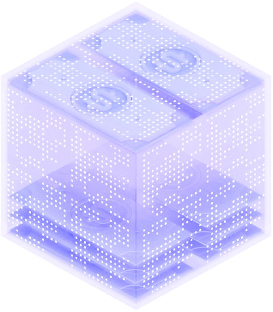 Cube consisting of dots, layers, and dollar bills to signify credit software configuration