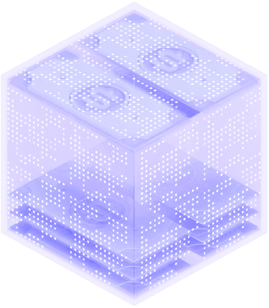 Cube consisting of dots, layers, and dollar bills to signify credit software configuration